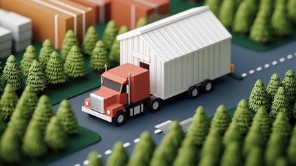 A miniature red truck transporting a white trailer drives through a scenic landscape with trees and buildings in the background.
