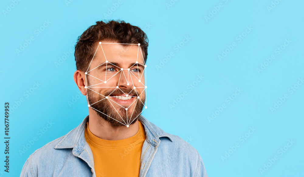 Aufkleber a man with a beard smiles while facial recognition technology is displayed over his face against a b