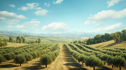 Rows of olive trees stretch towards the horizon under a bright blue sky, with rolling hills in the distance.
