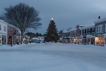 Snowy Town Square with a Giant Christmas Tree