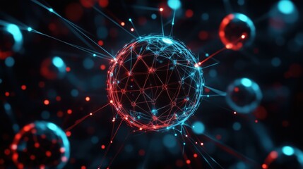 Futuristic representation of a red and blue interconnected network structure on a dark background.