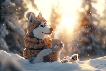 Siberian husky dog wearing knitted clothes enjoying hot drink in snowy winter forest