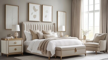 Fototapeta premium Luxurious Bedroom with Upholstered Bed, Ottoman, and Chair