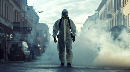 worker wearing respirator suit and protective mask disinfects foggy city street addressing sanitation needs amidst public health concerns.