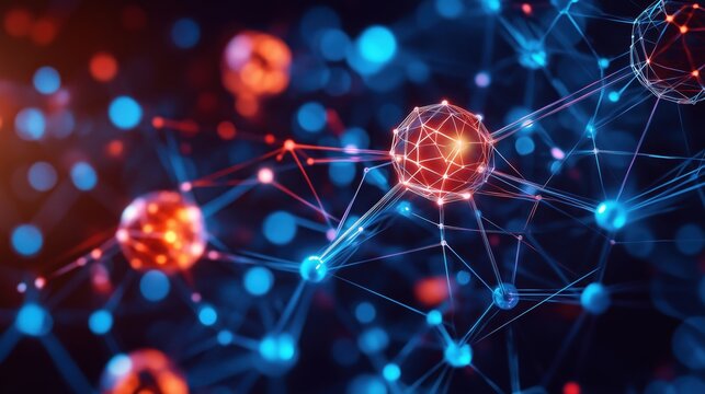 Artistic depiction of a digital network with interconnected red and blue nodes, representing futuristic data links.