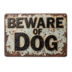 Vintage Beware of Dog metal sign with weathered details on white background
