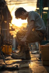 Fototapeta premium Early morning in a small Thai village, construction worker getting ready for the day
