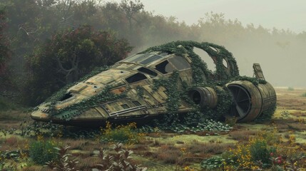 A forgotten spacecraft overgrown with vegetation. AI.
