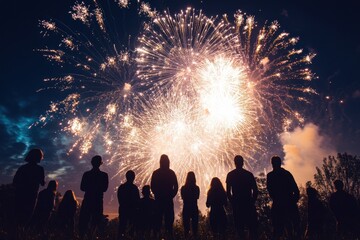 A group of people watching fireworks at night, silhouettes against the sky, fireworks illuminating their faces with vibrant colors and light effects Generative AI