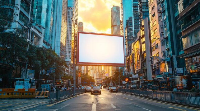 Isolated digital billboard in a busy smart city, surrounded by modern architecture.