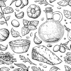 Pesto sauce vector seamless pattern. Traditional italian pesto ingredients drawing. Food background sketch. 