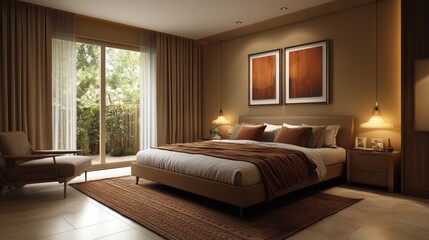 Modern Bedroom with Brown Tones and Garden View
