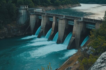 Stunning perspective of a colossal dam with a river cascading beautifully beneath it