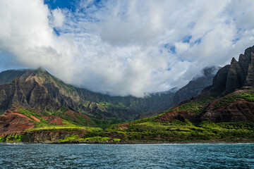 The Napali Coast of Kauai, Hawaiʻi as viewed from a boat on the Paciafic Ocean.