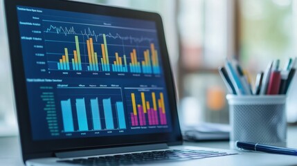 Detailed Blood Analysis Report on Laptop Displaying Graphs of Cholesterol Levels and White Blood Cell Count in a Professional Workspace Setting"