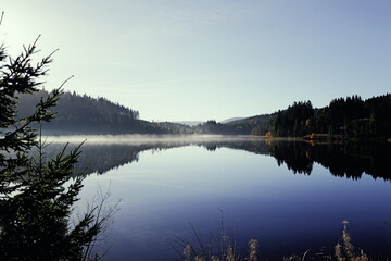 Mystischer See im Morgennebel im Schwarzwald am Feldberg mit Spiegelung der Herbstlandschaft