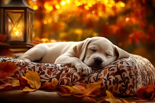 Labrador puppy sleeping peacefully on cushion with autumn leaves and candlelight