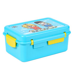 Colorful cartoon themed lunchbox with yellow snap closure lid on white backdrop