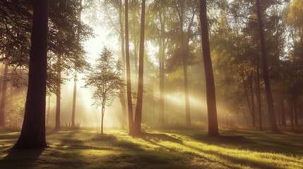 Mystical forest in morning mist with tall trees and sun rays gently breaking through thick foliage, immersing everything in a serene atmosphere.