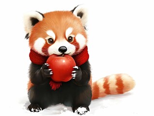 Obraz premium A cute little panda wearing a red scarf and Santa hat, full of Christmas spirit.