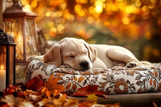 Golden labrador puppy sleeping peacefully on cozy bed in autumn scenery - Powered by Adobe