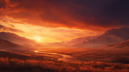 Fototapeta premium river flowing through desert landscape at sunset, showcasing vibrant colors and dramatic clouds. scene captures beauty of nature contrasts and tranquility