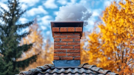 Brick chimney with smoke rising from it against a blue sky and fall foliage background.