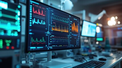 Close-up of Medical Monitor Displaying Colorful Health Indicators Graphs Including Blood Pressure and Glucose Levels in a Clinical Environment