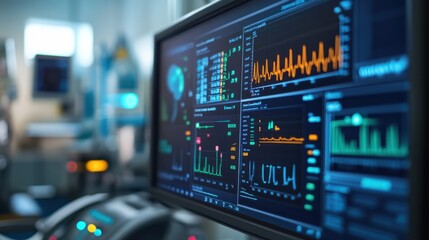 Close-up of Medical Monitor Displaying Colorful Health Indicators Graphs Including Blood Pressure and Glucose Levels in a Clinical Environment