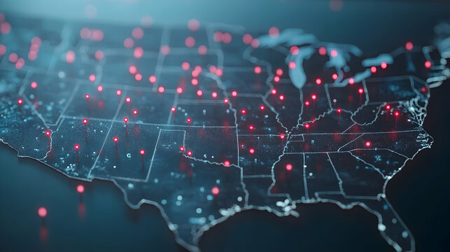 Map of the U.S. with red pins marking network connections, symbolizing communication across locations -