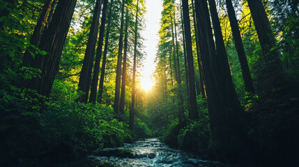 Obraz premium river flowing through lush forest of towering redwoods, illuminated by sunlight filtering through trees, creates serene and tranquil atmosphere