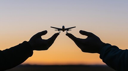 International Civil Aviation Day Silhouettes of hands holding a small airplane model against a clear sky, symbolizing global aviation