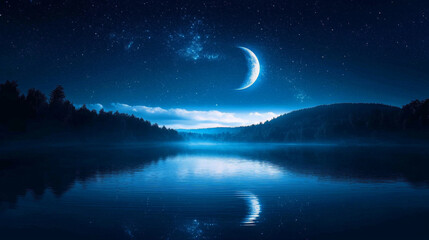 Naklejka premium serene river reflecting stars and crescent moon in tranquil night sky, surrounded by dark forests and distant hills, creating peaceful atmosphere