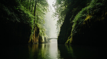Obraz premium serene river flows through lush green cliffs, with bridge symbolizing hope and connection. misty atmosphere enhances tranquil beauty of nature