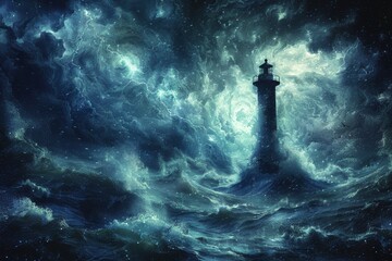 A lighthouse stands steadfast amidst a turbulent sea under a dark, stormy sky. Bright flashes illuminate the swirling clouds, creating a dramatic and atmospheric scene during the night.