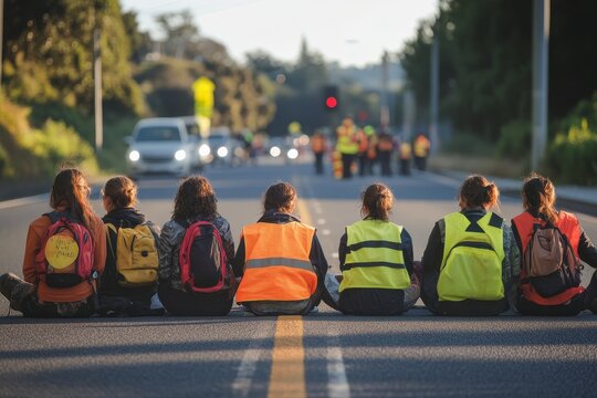 Climate change activists in high visibility vests sit on roadway to block traffic during protest