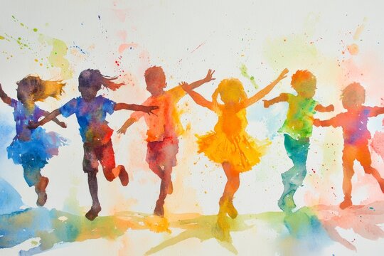 Whimsical watercolor illustration of children joyfully dancing with expressive movements