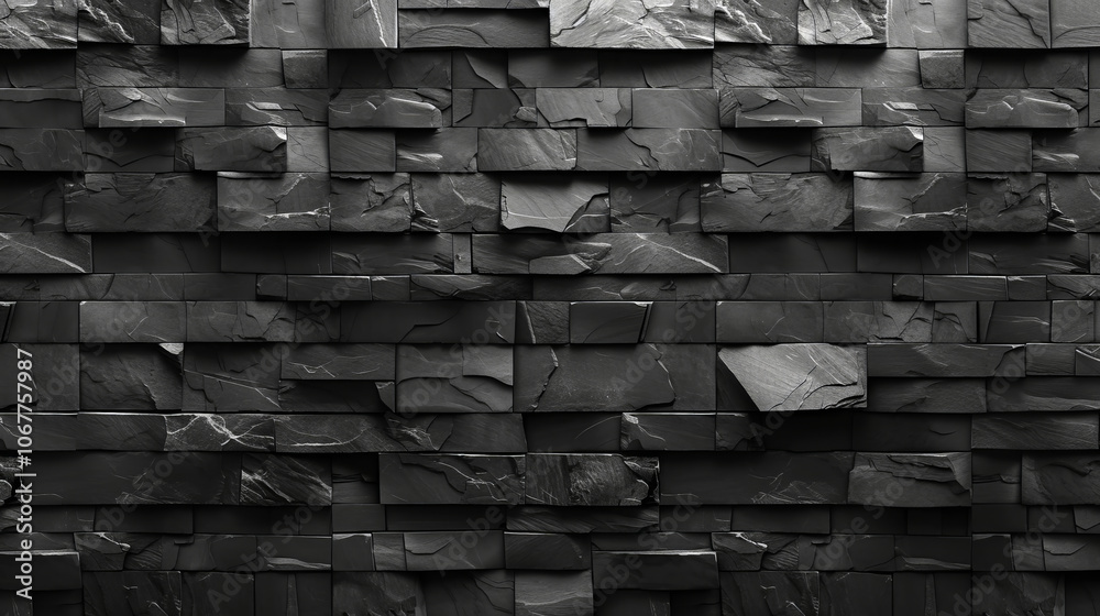 Poster this black stone wall features an intricate pattern of layered slate panels, showcasing a unique tex