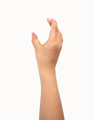 Close-up of child hand holding some like a blank object isolated on a white background