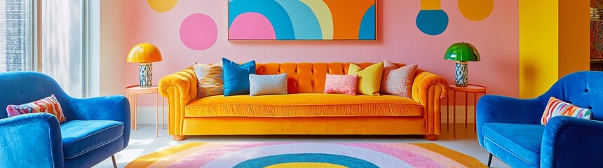 Retro-inspired living room with colorful 70s-style furniture, patterned wallpaper, and funky light fixtures