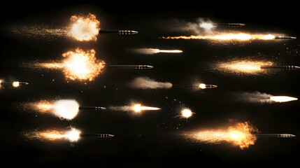 Set of 23 different muzzle flashes with black backgrounds for action game effects -