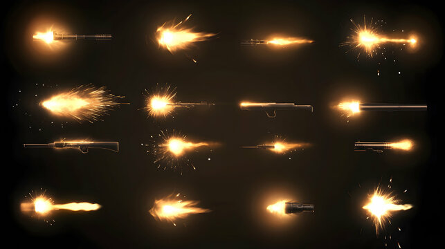A collection of 23 distinct muzzle flashes presented against black backgrounds, designed for use in action game effects - jpg
