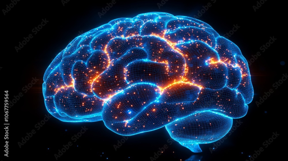 Poster silhouette of a brain illuminated with data grid lines representing neural activity at night