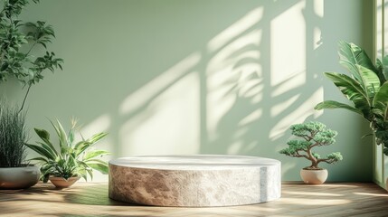 A stone podium for product presentation, with a mockup featuring plants and sunlight in the background