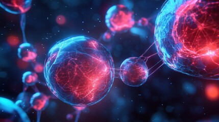 Glowing molecular spheres connected by vibrant red and blue energy threads in a cosmic scene, showcasing futuristic connectivity.