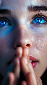 Devout Christian lady woman preying to Jesus Christ in church