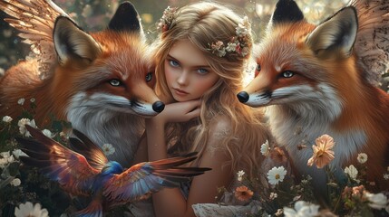 Obraz premium A young woman surrounded by two majestic foxes and a colorful bird in a vibrant floral setting during the golden hour