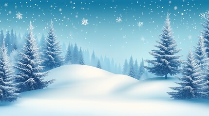 Fototapeta premium A serene winter landscape with snow-covered hills and evergreen trees under a blue sky filled with falling snowflakes