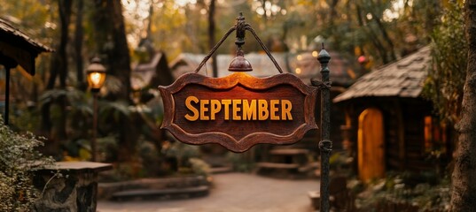 Rustic September Sign Enchanted Forest Path with a Warm Glow, Ethereal Autumn Ambiance
