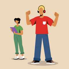 Flat Design Illustration of Youthful Characters, One Celebrating with Headphones and the Other Reading. Vector Art Representing Teen Lifestyle, Music, and Learning